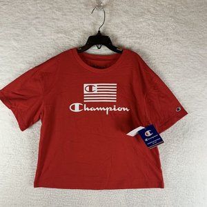 Champion T-Shirt Girls Large Red Flag Boxy Graphic Crew Neck Pullover‎ 6994